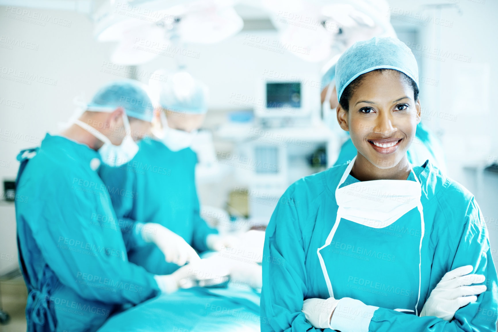 Buy stock photo Arms crossed, surgery and portrait of woman in operating room for medical treatment, emergency and help. Collaboration, healthcare and surgeon or doctors for accident, operation and procedure