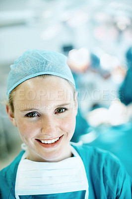 Buy stock photo Medical, surgeon and woman with smile in theater for health procedure, operation trust and expert. Safety, doctor portrait and happy with PPE in OR for healthcare surgery, patient care and integrity
