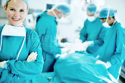 Buy stock photo Medical, arms crossed and portrait of woman in operating room in hospital for treatment, emergency or help. Collaboration, healthcare and surgeon or doctors for accident, operation and procedure