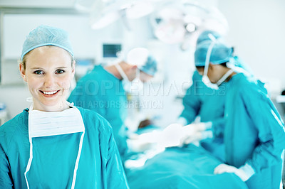 Buy stock photo Healthcare, surgery and portrait of woman in operating room in hospital for treatment, emergency or help. Collaboration, medical and surgeon or doctors in clinic for accident, operation and procedure