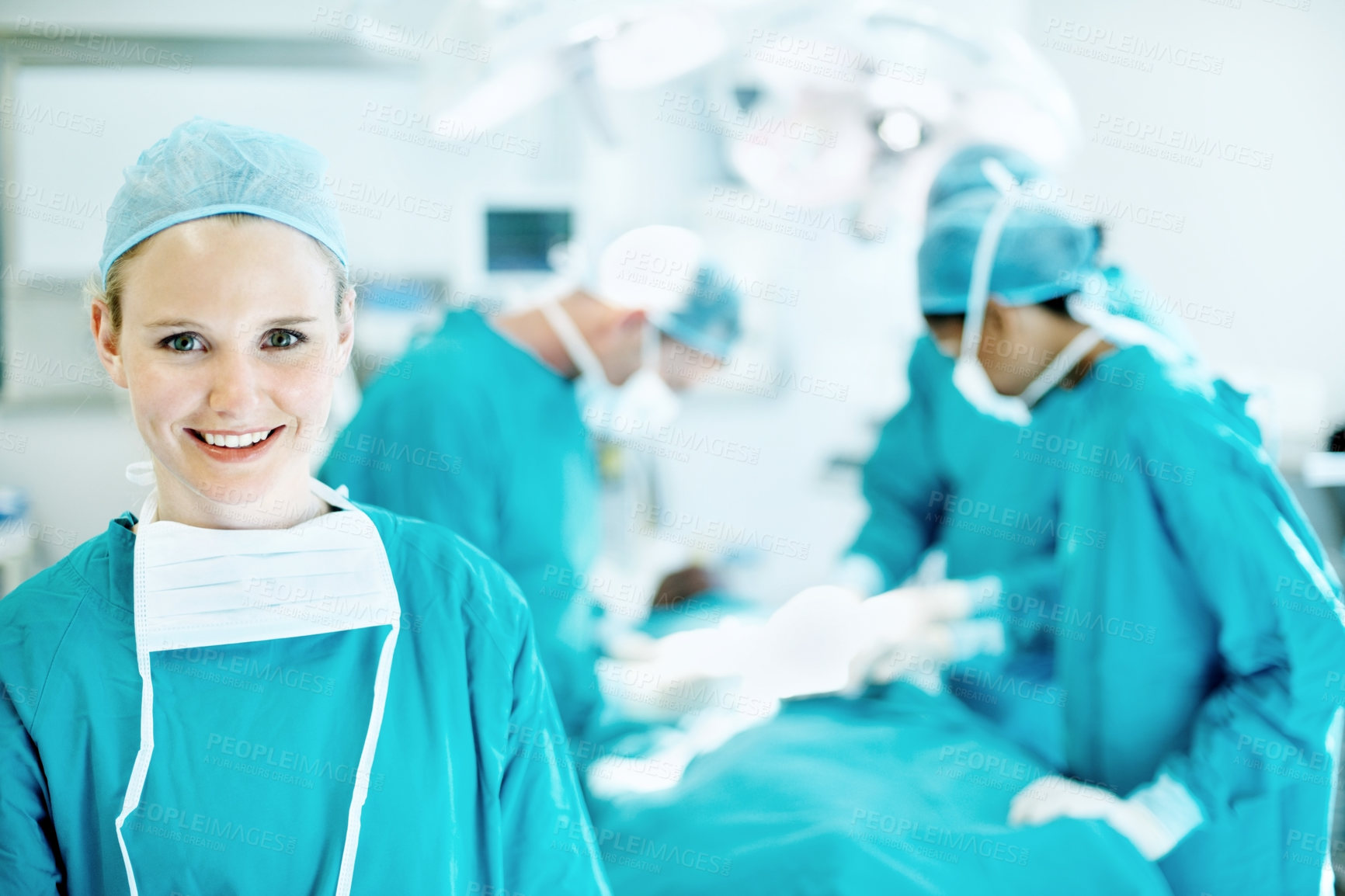 Buy stock photo Healthcare, surgery and portrait of woman in operating room in hospital for treatment, emergency or help. Collaboration, medical and surgeon or doctors in clinic for accident, operation and procedure