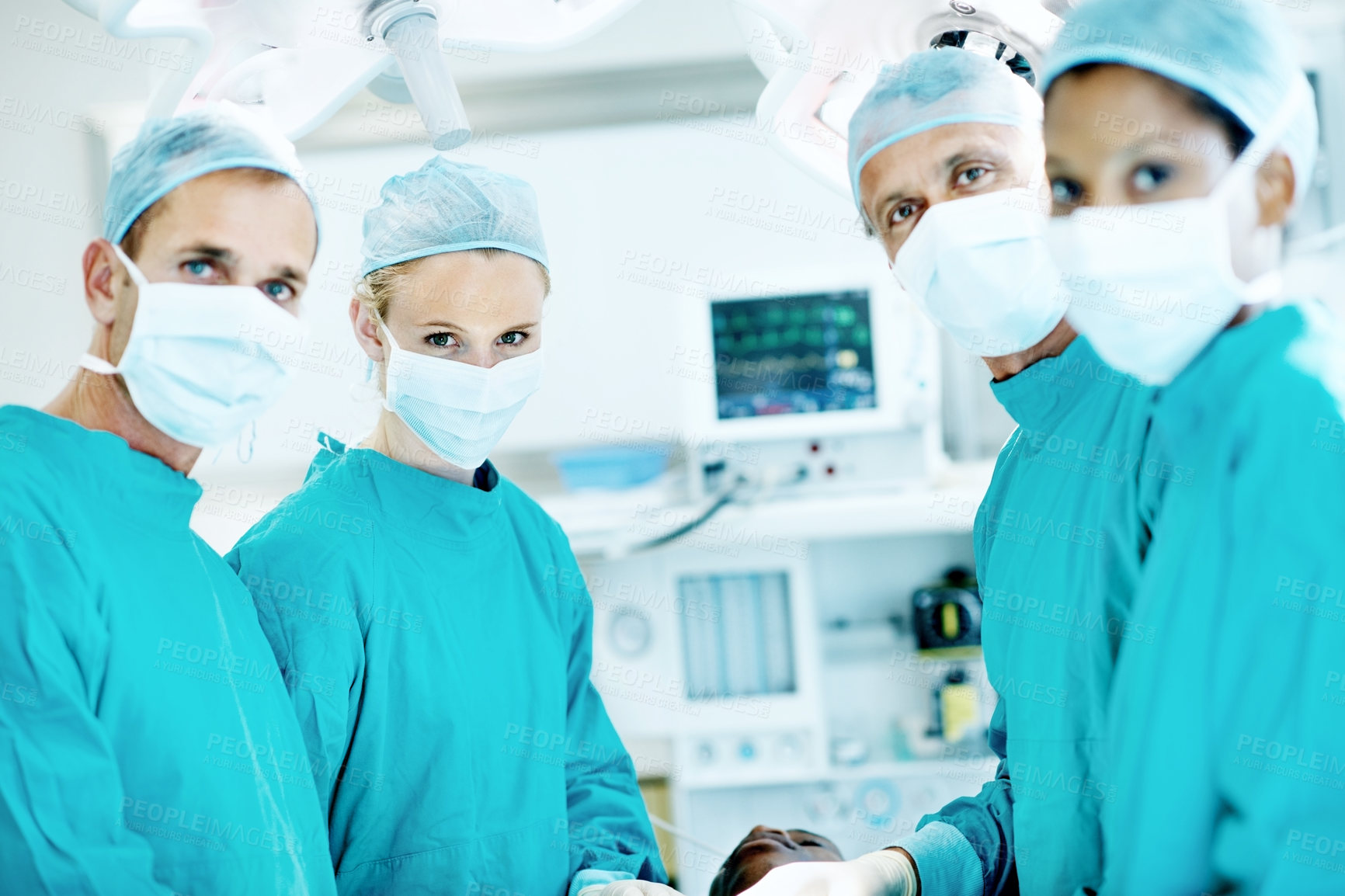 Buy stock photo Healthcare, surgery and portrait of people in operating room for medical treatment, emergency and help. Collaboration, team and surgeon with doctors in clinic for accident, operation and procedure