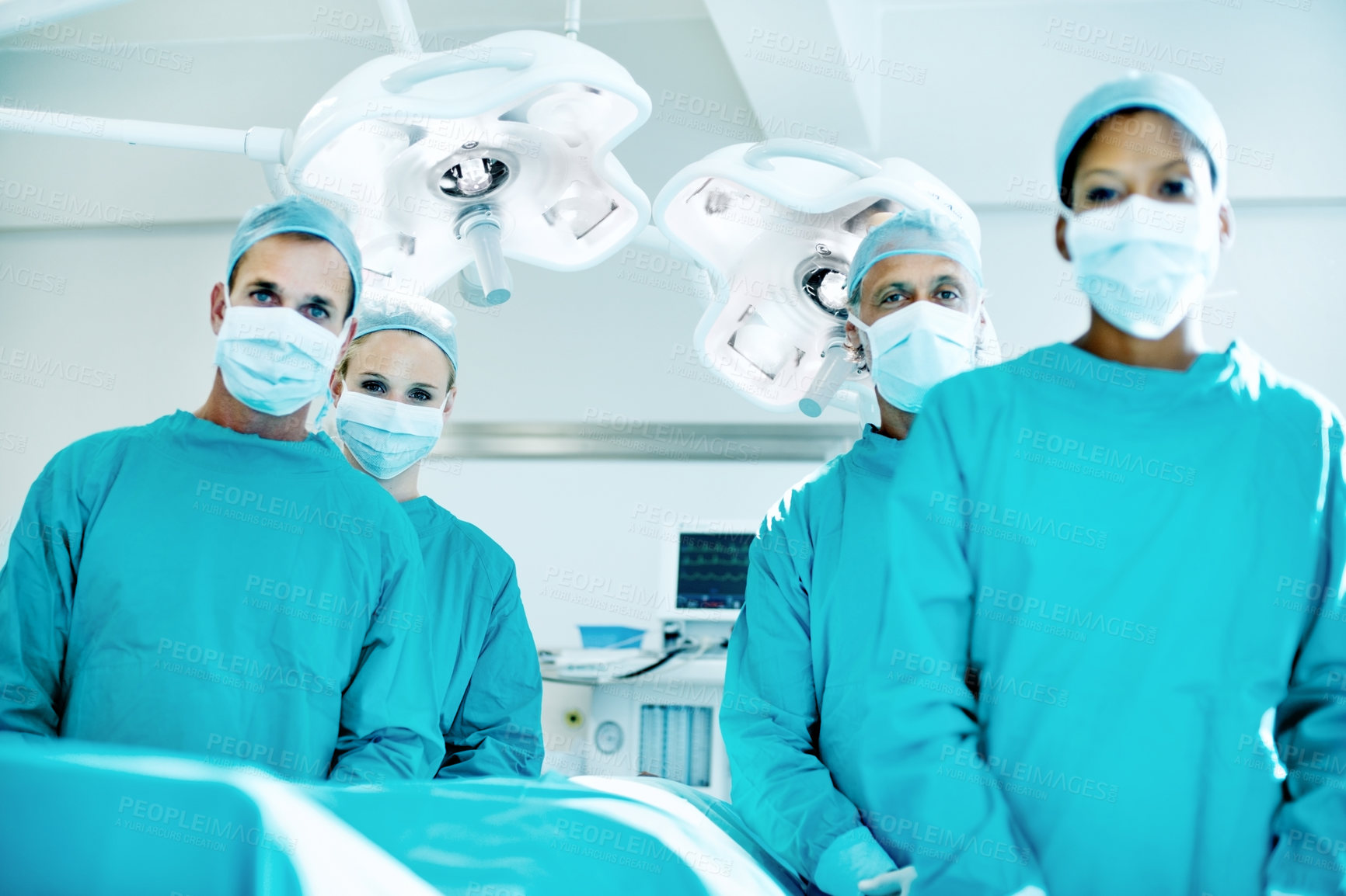 Buy stock photo Team, medical and portrait of people in operating room for treatment, emergency and help. Collaboration, healthcare and surgeon with group of doctors for accident, operation and procedure