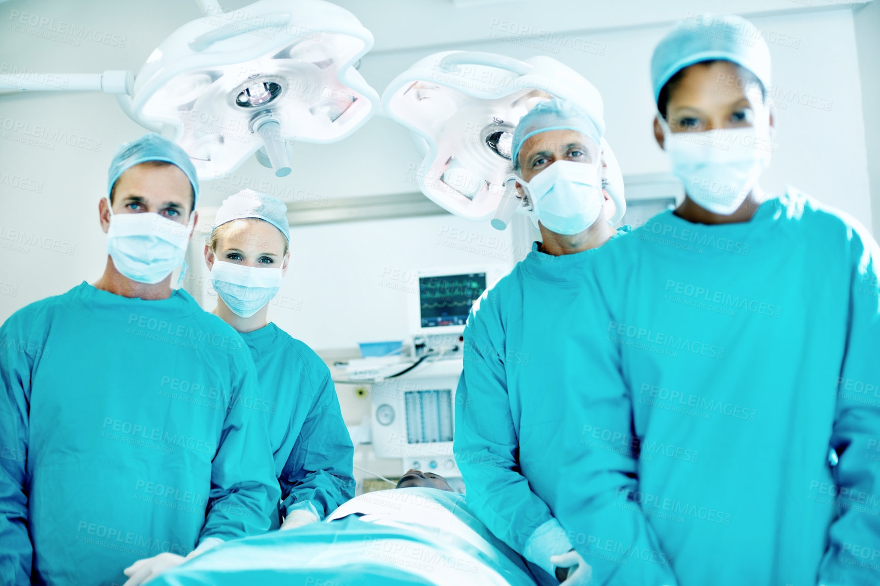 Buy stock photo Team, surgery and portrait of people in operating room for medical treatment, emergency and help. Collaboration, healthcare and surgeon with doctors in clinic for accident, operation and procedure
