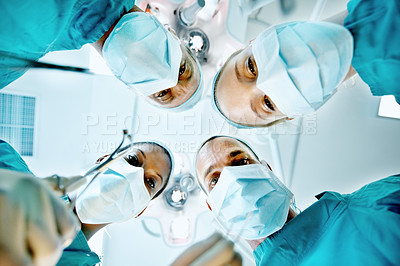 Buy stock photo Surgery, help and portrait of doctors in theater at hospital for medical operation, healing or face mask. Procedure pov, healthcare and emergency rescue with low angle of people in operating room