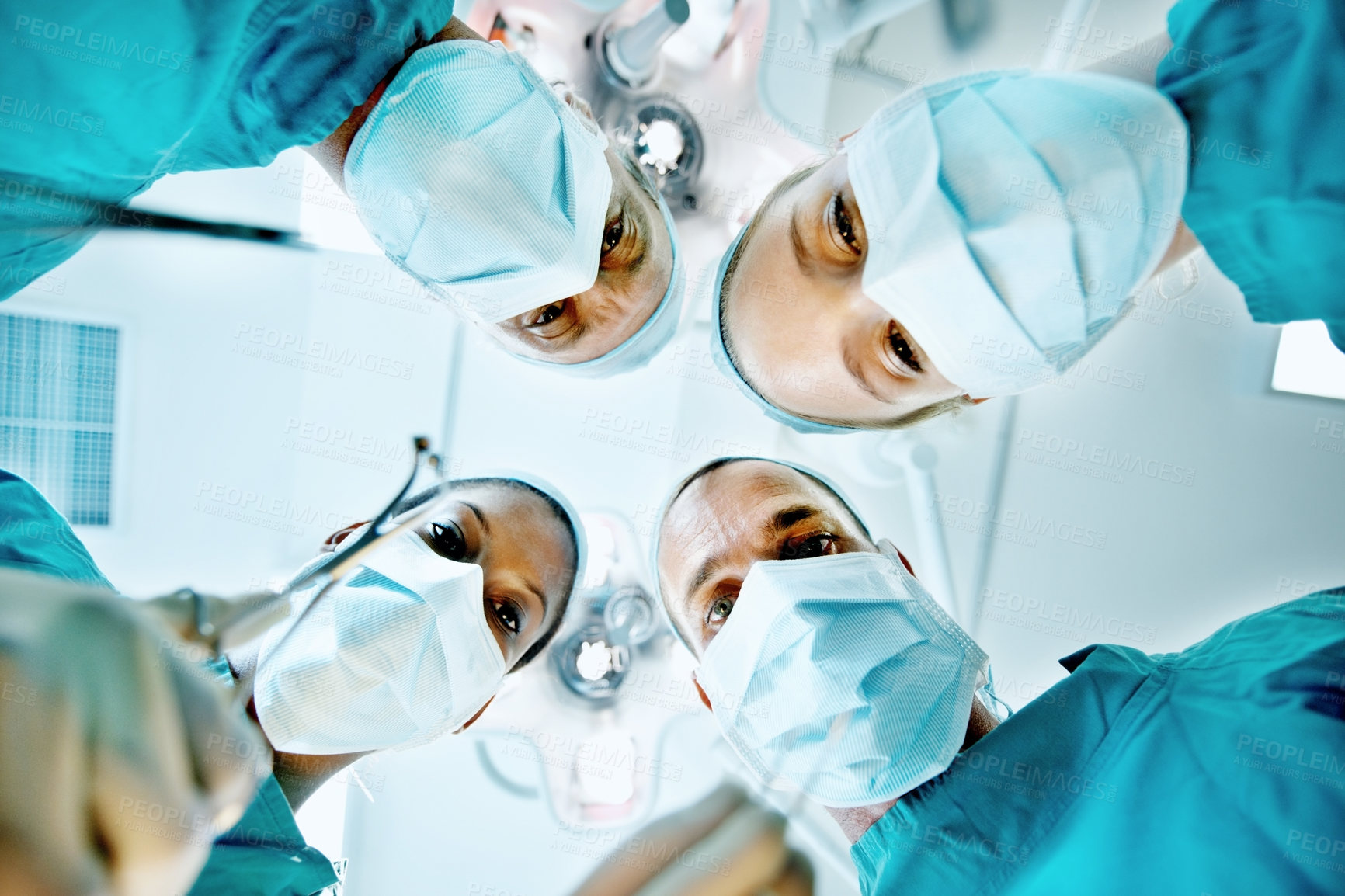 Buy stock photo Surgery, help and portrait of doctors in theater at hospital for medical operation, healing or face mask. Procedure pov, healthcare and emergency rescue with low angle of people in operating room