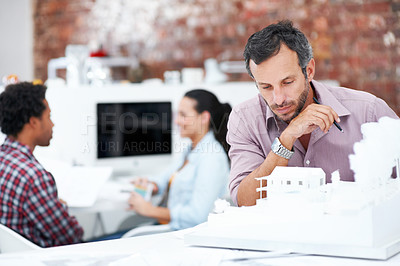 Buy stock photo Architect, smile and portrait of business woman in office for real estate, planning or about us. Remodeling proposal, renovation regulations and project with employee in coworking agency for property