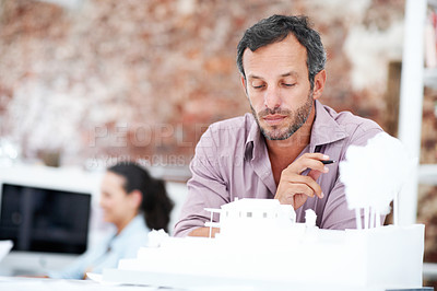 Buy stock photo Architect, model and thinking with business man in office for real estate, planning or prototype idea. Remodeling proposal, renovation vision and 3d project with mature employee in coworking agency