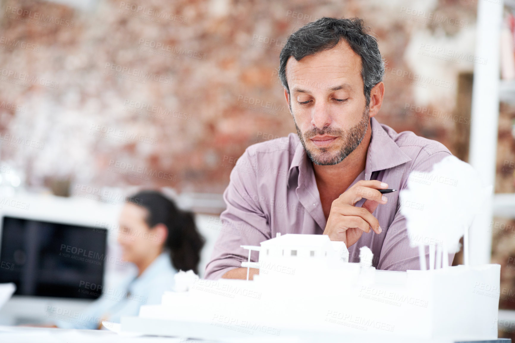 Buy stock photo Architect, model and thinking with business man in office for real estate, planning or prototype idea. Remodeling proposal, renovation vision and 3d project with mature employee in coworking agency