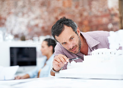 Buy stock photo Architecture, inspection and man with 3D model in business, real estate and creative building design. Urban planning, city designer and person with prototype, review and housing development in office