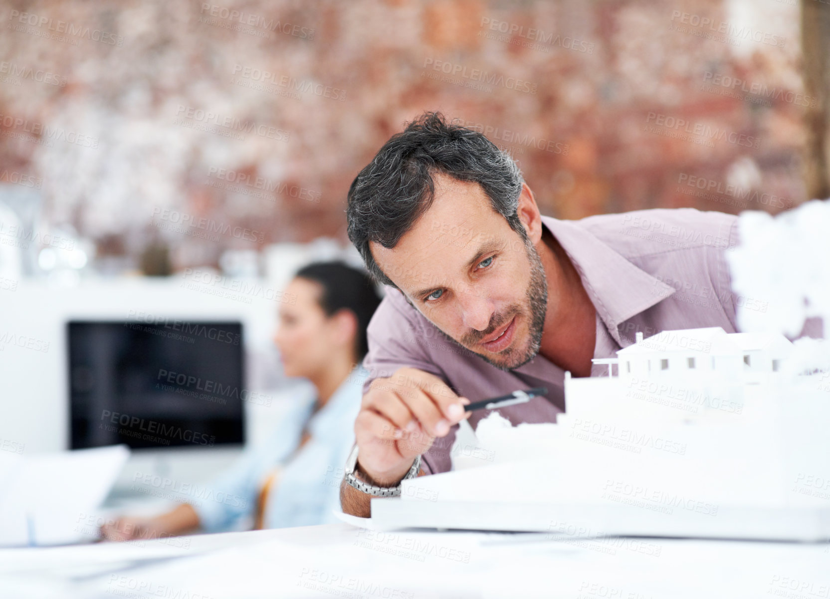 Buy stock photo Architecture, inspection and man with 3D model in business, real estate and creative building design. Urban planning, city designer and person with prototype, review and housing development in office
