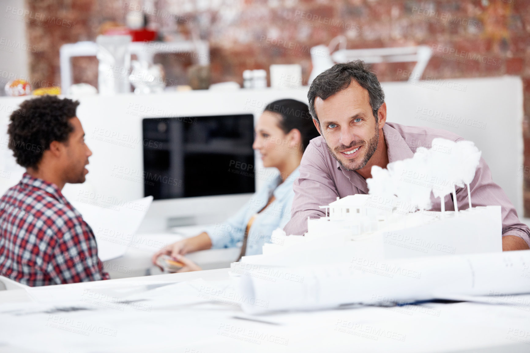 Buy stock photo Architect, model or portrait of businessman in office for real estate, planning or about us. Remodeling proposal, renovation review or 3d project with mature employee in coworking agency for property