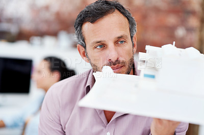 Buy stock photo Architecture, inspection and business man with model, building design and structure for planning. Creative, agency and person with 3d layout for blueprint, prototype and project for construction