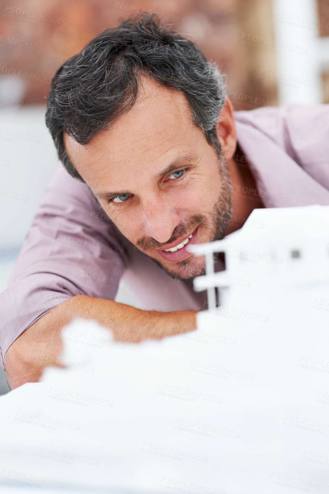 Buy stock photo Architecture, happy and man in office with model, building design and structure for planning. Creative, business and person with 3d layout for blueprint, prototype and inspection for engineer project