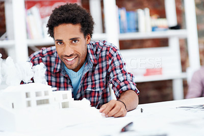 Buy stock photo Architect, model and portrait of business man in office for real estate, planning or about us. Remodeling proposal, renovation review and 3d project with employee in agency for property expansion