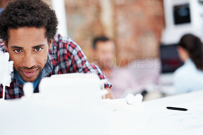 Buy stock photo Architect, model and planning with business man in office for renovation project, property and 3d prototype. Design review, remodeling proposal and building check with employee in designer agency