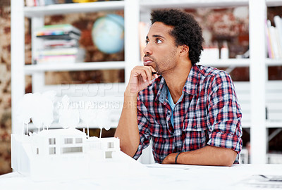 Buy stock photo Building, model and vision with business man in office for renovation, property and 3d prototype. Design review, remodeling proposal and architect with employee thinking in agency for designer idea