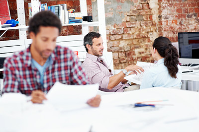Buy stock photo Architect, team and discussion with business people in office for renovation briefing, property and project. Blueprint review, remodeling proposal and layout with employees in agency for process