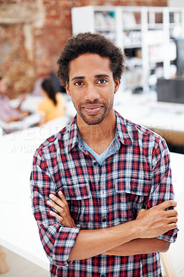 Buy stock photo Business, man or arms crossed in office portrait for design internship, career development or growth. Pride, architect intern or confident at agency for architectural experience, about us or ambition