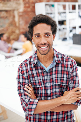 Buy stock photo Creative, man or arms crossed in office portrait for design internship, career development or growth. Pride, architect intern or confident at agency for architectural expertise, about us or ambition