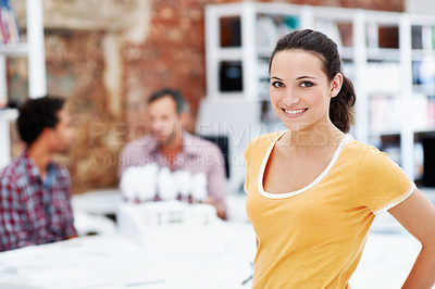 Buy stock photo Creative, woman and happy with portrait in office for design internship, career development or pride. Staff, architect intern and smile at agency for designer experience, personal growth and about us