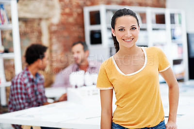 Buy stock photo Creative, woman and smile with portrait in meeting for design internship, career development or pride. Staff, architect intern and happy at agency for designer experience, personal growth or about us