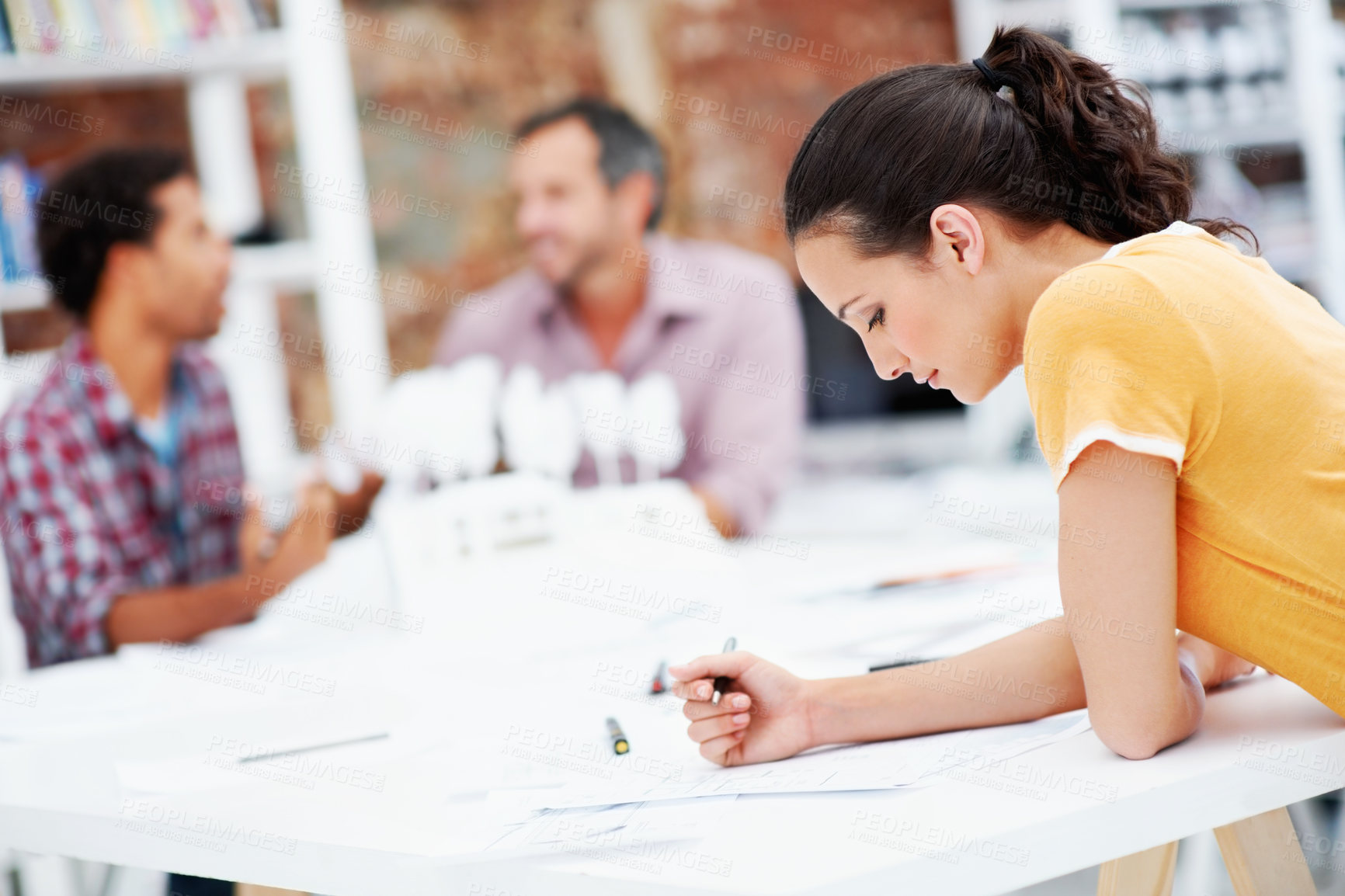 Buy stock photo Architect, drawing and woman with blueprint in office, brainstorming and real estate design on table. Architecture, designer and people with prototype, collaboration and property development ideas