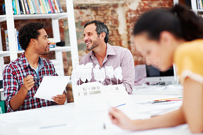 Buy stock photo Architect, teamwork and men with 3D model in office, brainstorming and real estate design in meeting. Architecture, designer and people with prototype, collaboration and property development ideas