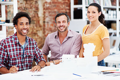 Buy stock photo Happy people, architect and team in meeting with model for building design, development or about us. Smile, construction and collaboration in creative startup, prototype and portrait in office