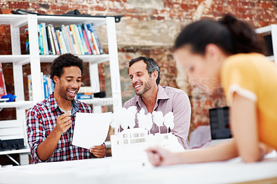 Buy stock photo Architect, brainstorming and men with 3D model in office, teamwork and real estate design in meeting. Architecture, designer and people with prototype, collaboration and property development ideas