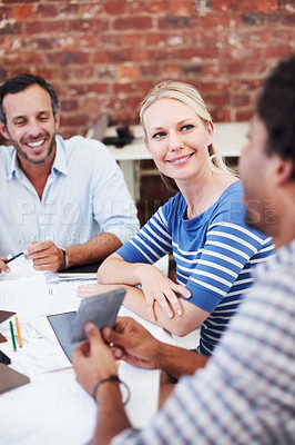 Buy stock photo Meeting, documents and planning with business people in office for interior designer, team and tile pitch. Feedback, material proposal and decor idea with employees in startup agency for blueprint