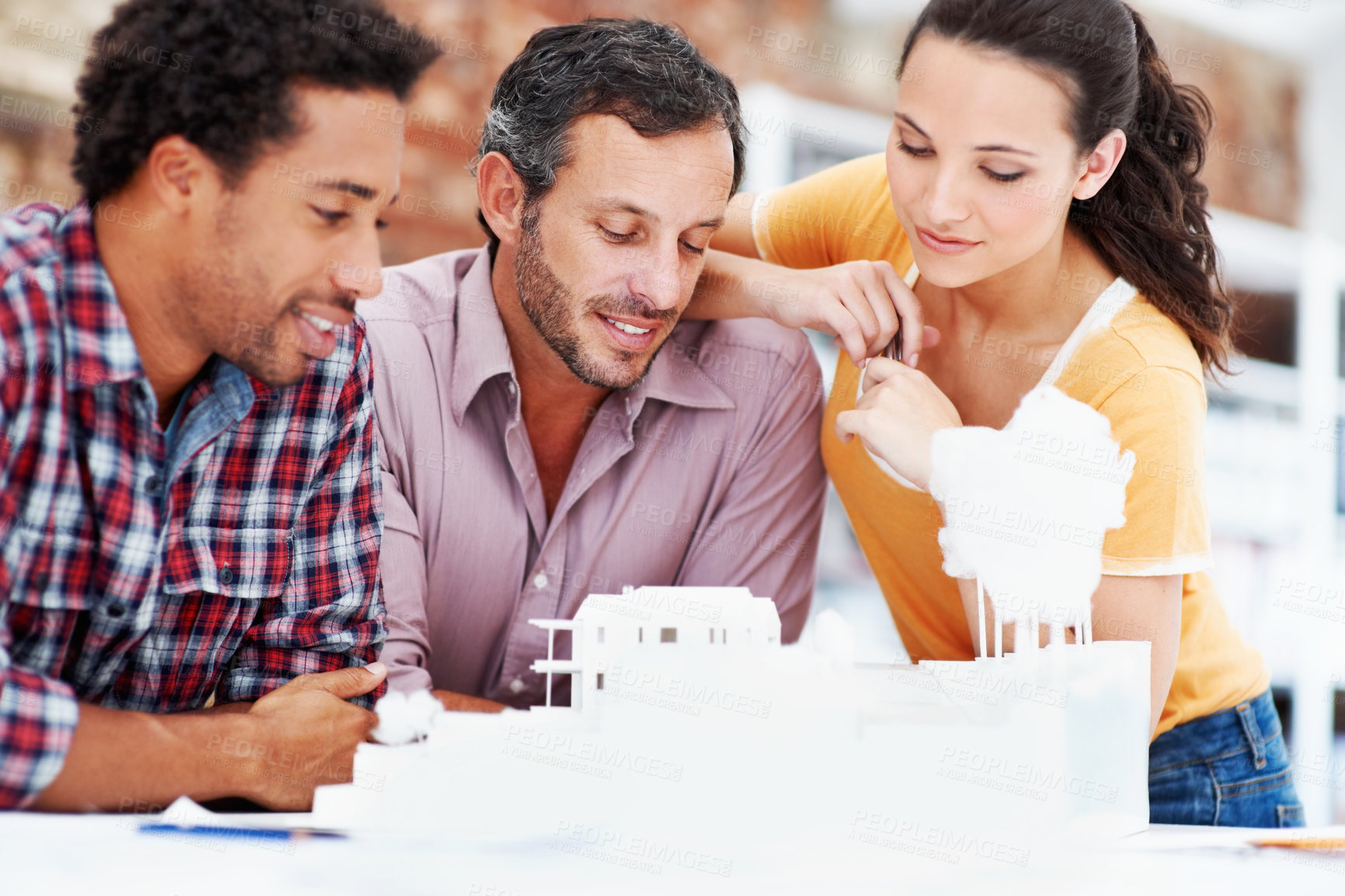 Buy stock photo Team, architecture and people in office with model, building design and prototype for project. Creative, collaboration and workers with 3d structure for planning, blueprint and feedback in meeting