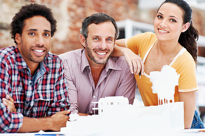 Buy stock photo Happy team, architect or portrait in meeting with model for building design, development or about us. Smile, construction people or collaboration in creative startup, prototype or diversity in office