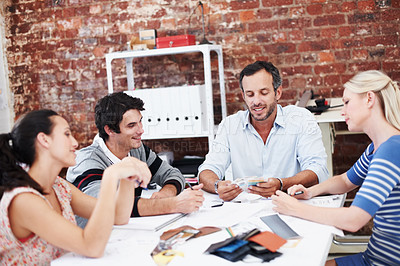 Buy stock photo People, team and discussion with documents in office meeting for planning, explain or review at media company. Employee, group and decision with swatch, feedback and collaboration at creative agency