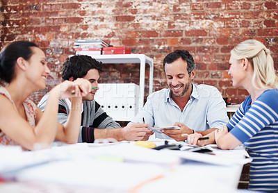 Buy stock photo People, team and discussion with swatch in office meeting for design, explain or review at media company. Employee, group and decision with document, feedback and collaboration at creative agency