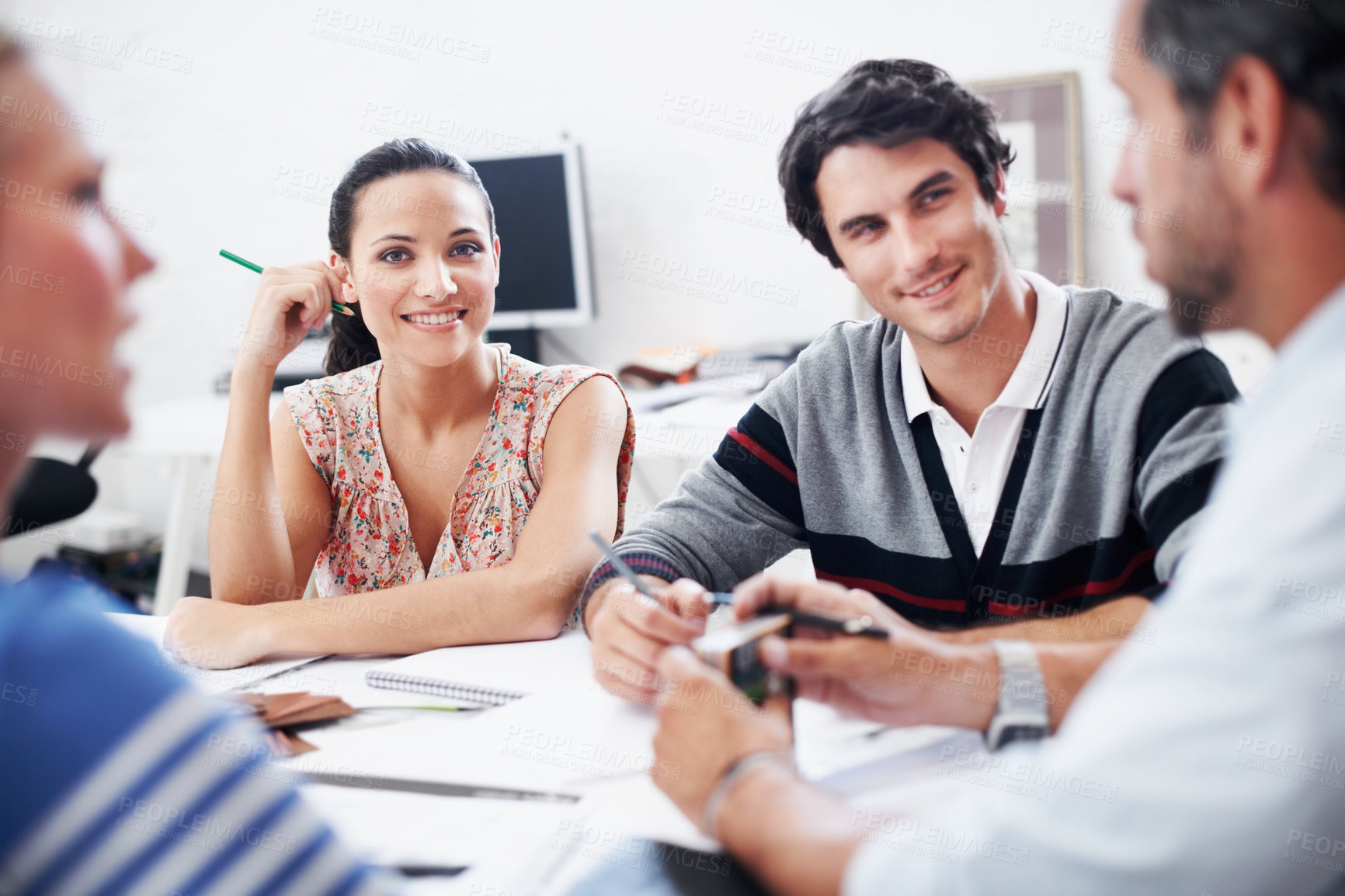 Buy stock photo Team, meeting and discussion with business people in office for interior design feedback, planning and idea. Architect, client briefing and project management with portrait of woman in agency