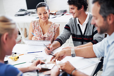 Buy stock photo Documents, team and project with business people in office for interior design, planning and blueprint review. Decor, briefing, proposal feedback and brainstorming with employees in creative firm