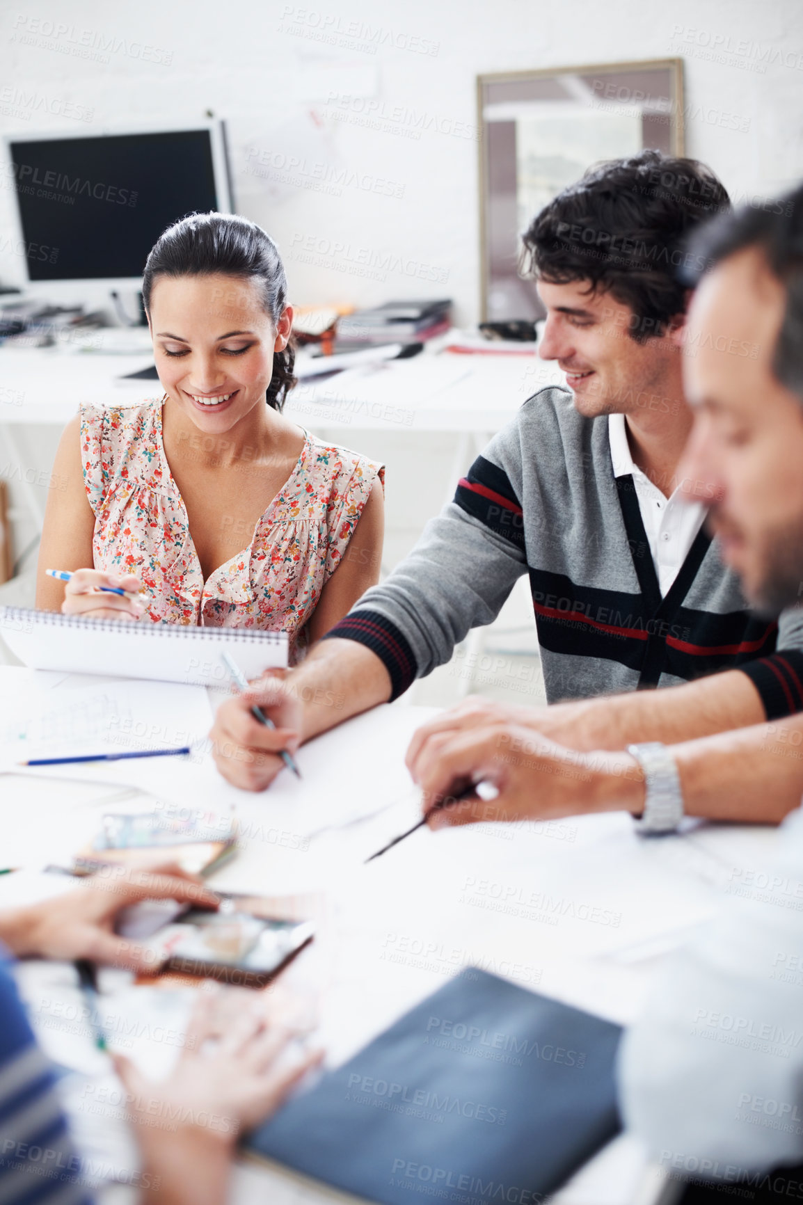 Buy stock photo Planning, team and project with business people in office for interior design, documents and blueprint review. Decor, briefing, proposal feedback and brainstorming with employees in creative firm