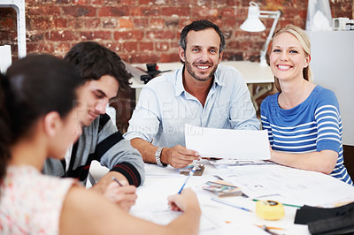 Buy stock photo Meeting, team and portrait with business people in office for interior design, planning and blueprint review. Decor, briefing, proposal feedback and brainstorming with employees in creative firm