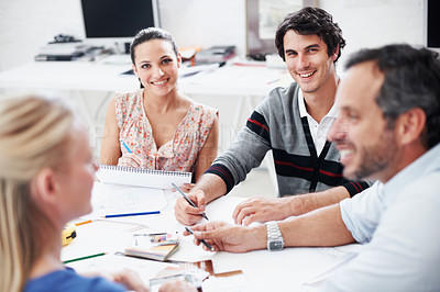 Buy stock photo Discussion, team and smile with business people in office for interior design, planning and blueprint review. Decor, briefing, proposal feedback and brainstorming with employees in creative firm