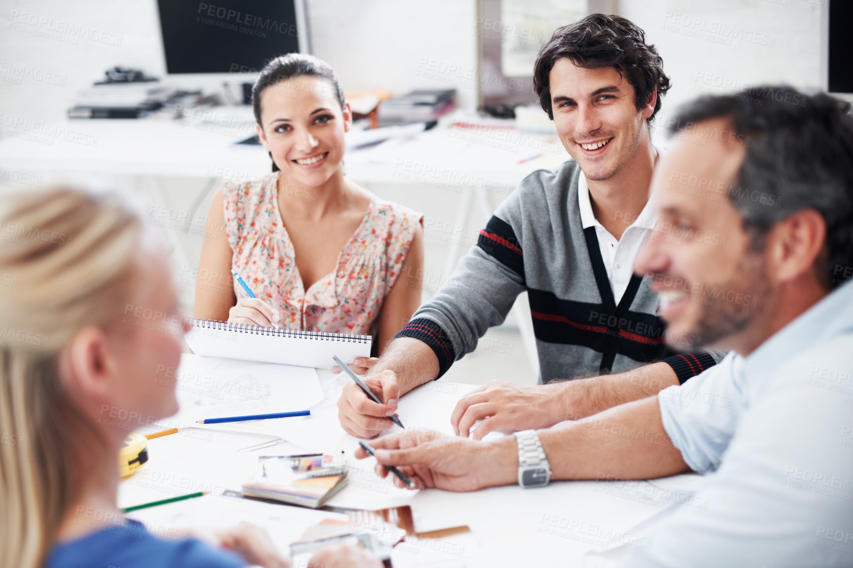 Buy stock photo Discussion, team and smile with business people in office for interior design, planning and blueprint review. Decor, briefing, proposal feedback and brainstorming with employees in creative firm