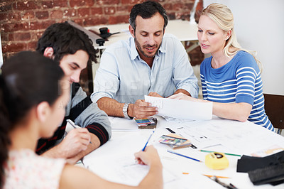 Buy stock photo Discussion, team and documents with business people in office for interior design, planning and blueprint review. Decor, briefing, project feedback and brainstorming with employees in creative firm