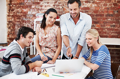 Buy stock photo Meeting, laptop and team with business people in office for mentor, design briefing and brainstorming. Creative crit session, online feedback and collaboration with employees in startup agency