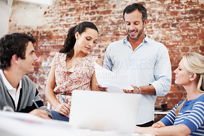 Buy stock photo Meeting, documents and team with business people in office for mentor, design briefing and brainstorming. Creative crit session, manager feedback and collaboration with employees in startup agency