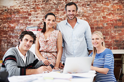 Buy stock photo Portrait, team and laptop with business people in office for interior design, planning and about us. Decor briefing, proposal feedback and brainstorming with employees in creative firm for meeting