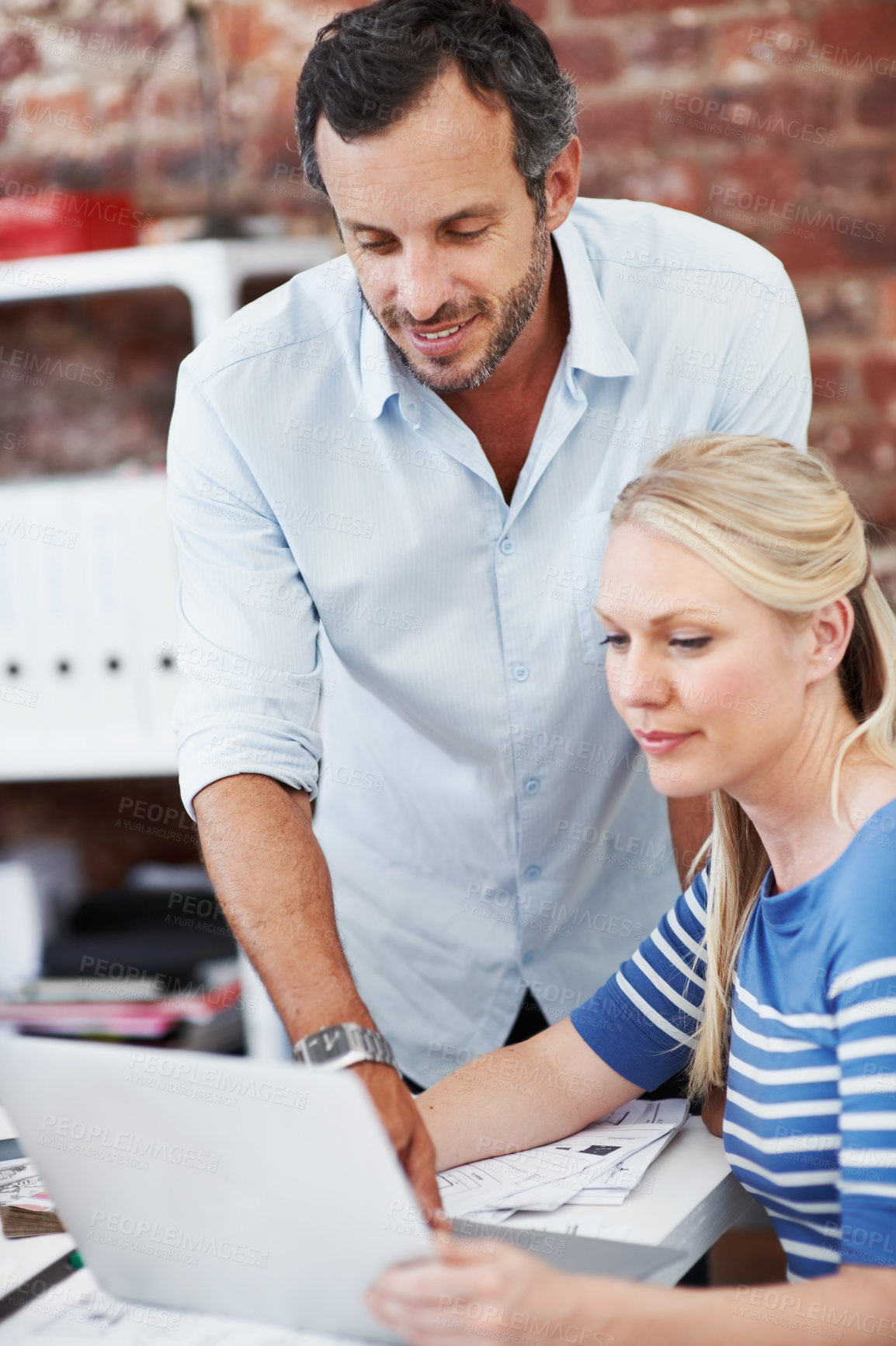 Buy stock photo Team, laptop and mentor with business people in office for planning, interior design pitch and feedback. Digital decor rendering, client briefing and manager with employees in agency for research