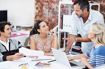 Buy stock photo Manager, team and project with business people in office for interior design, planning and blueprint review. Decor, briefing, mentor feedback and brainstorming with employees in creative firm