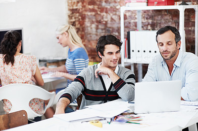 Buy stock photo Laptop, team and project with business people in office for interior design, planning and blueprint review. Decor, briefing, proposal feedback and brainstorming with employees in creative firm