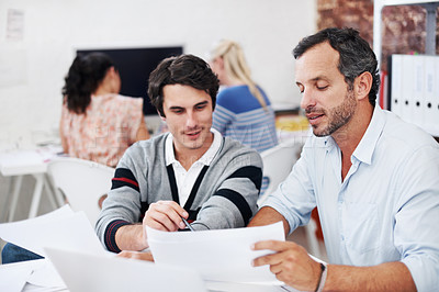 Buy stock photo Team, documents and smile with business people in office for planning, interior design pitch and feedback. Decor paperwork, client briefing and meeting with employees for research and project