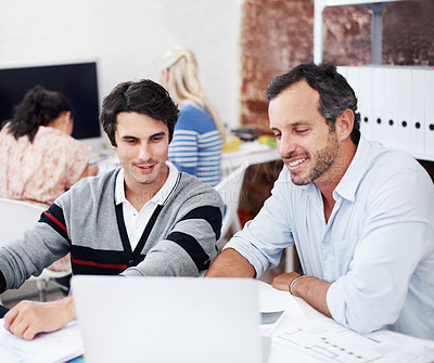 Buy stock photo Team, laptop and research with business people in office for planning, interior design pitch and feedback. Digital decor rendering, client briefing and meeting with employees in agency for review